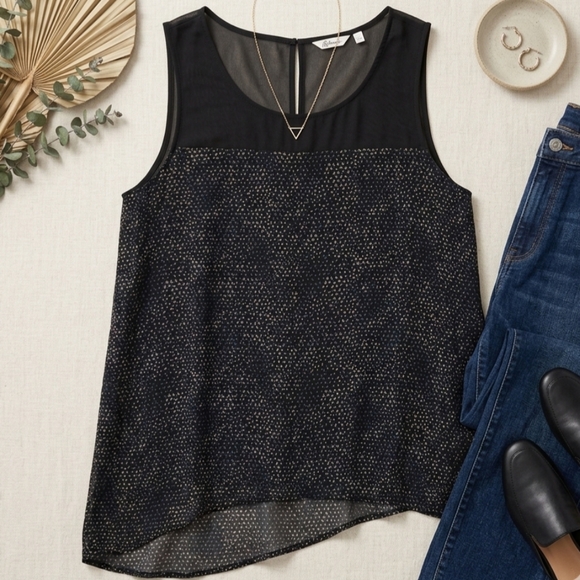 Reitmans Tops - Reitmans XL Black Micro Print Georgette Tank Top Asymmetric Hem Contemporary Chi